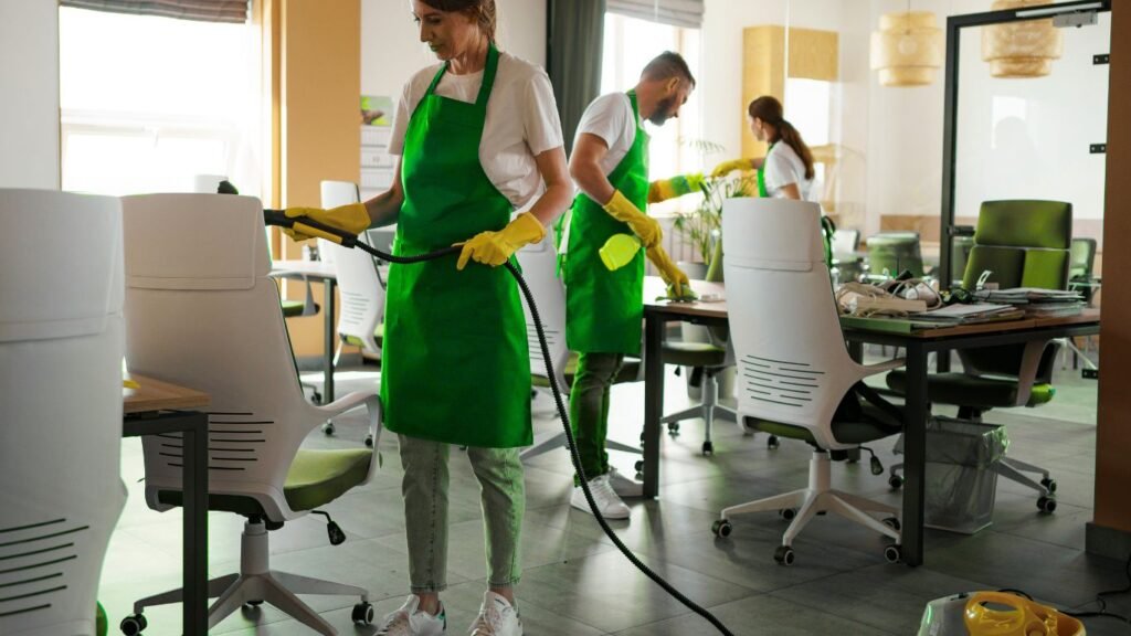 Before and after results of professional office cleaning service showing spotless desks and floors.