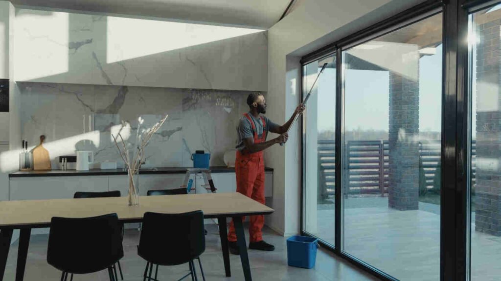 Professional team performing apartment cleaning in Abu Dhabi living room with modern equipment.