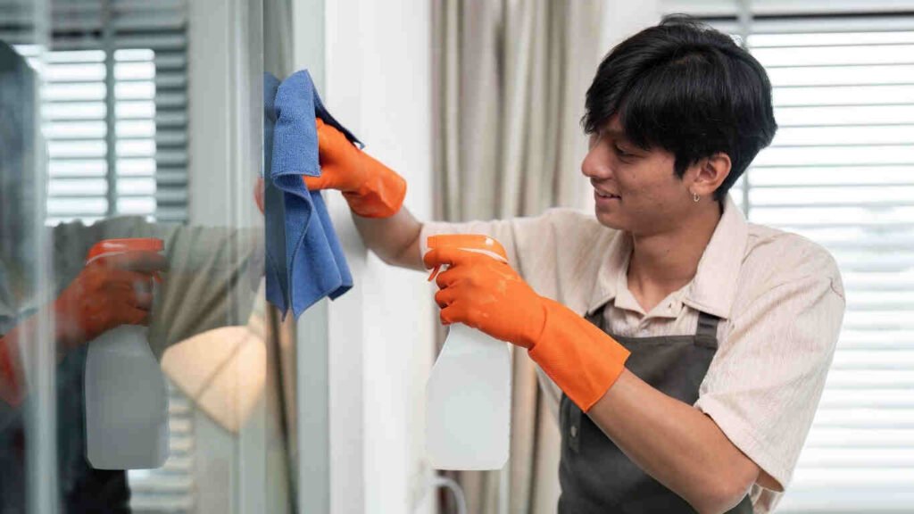 Before and after results of glass cleaning service for homes showing spotless, shiny windows.
