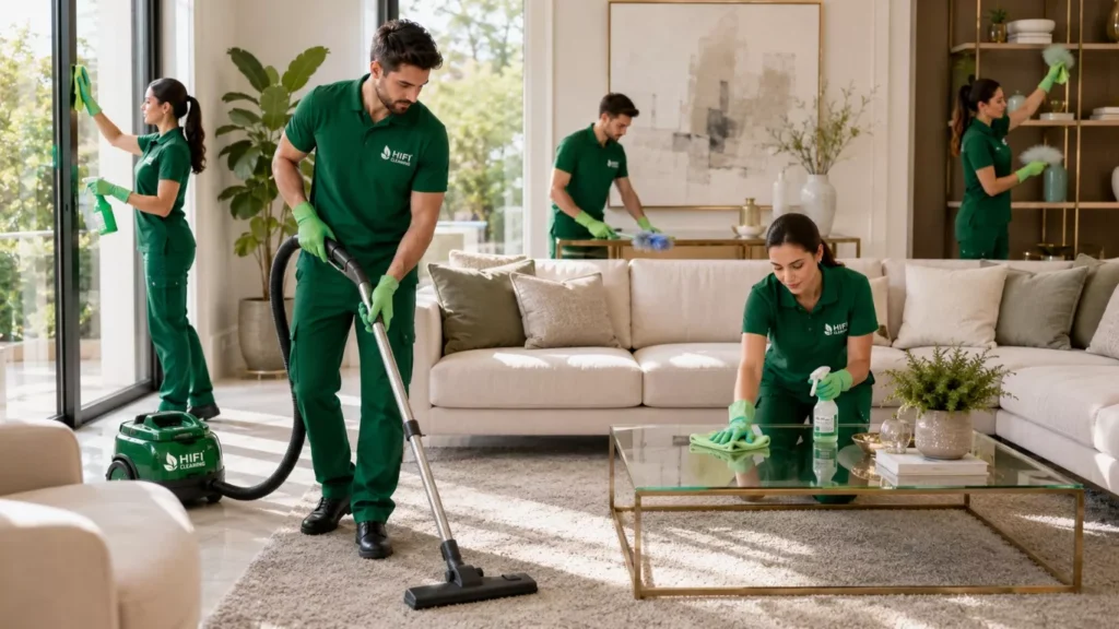 Expert cleaners performing professional house deep cleaning