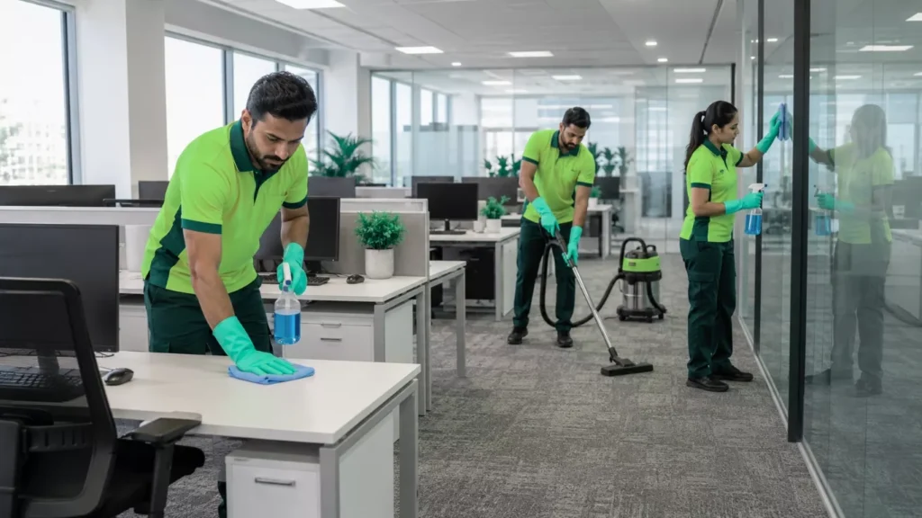 Professional team providing commercial office cleaning services in office workspaces
